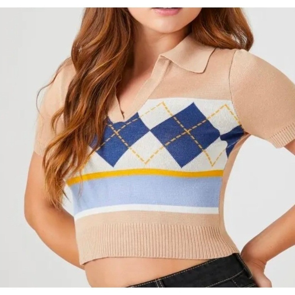 Forever‎ 21 Argyle Knit Polo Women Small Tan Blue Preppy Academic Y2K Retro Chic